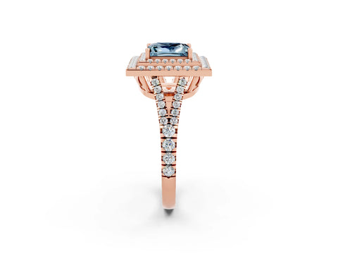 Rose gold Princess Cut Aquamarine Double Halo Ring with Pavé Band and Prong Setting_14