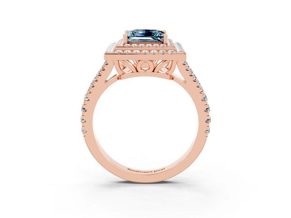 Rose gold Princess Cut Aquamarine Double Halo Ring with Pavé Band and Prong Setting