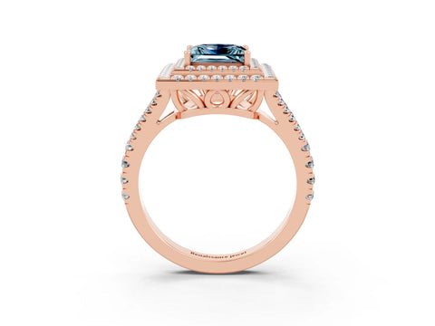 Rose gold Princess Cut Aquamarine Double Halo Ring with Pavé Band and Prong Setting_15