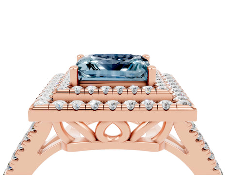 Rose gold Princess Cut Aquamarine Double Halo Ring with Pavé Band and Prong Setting_16