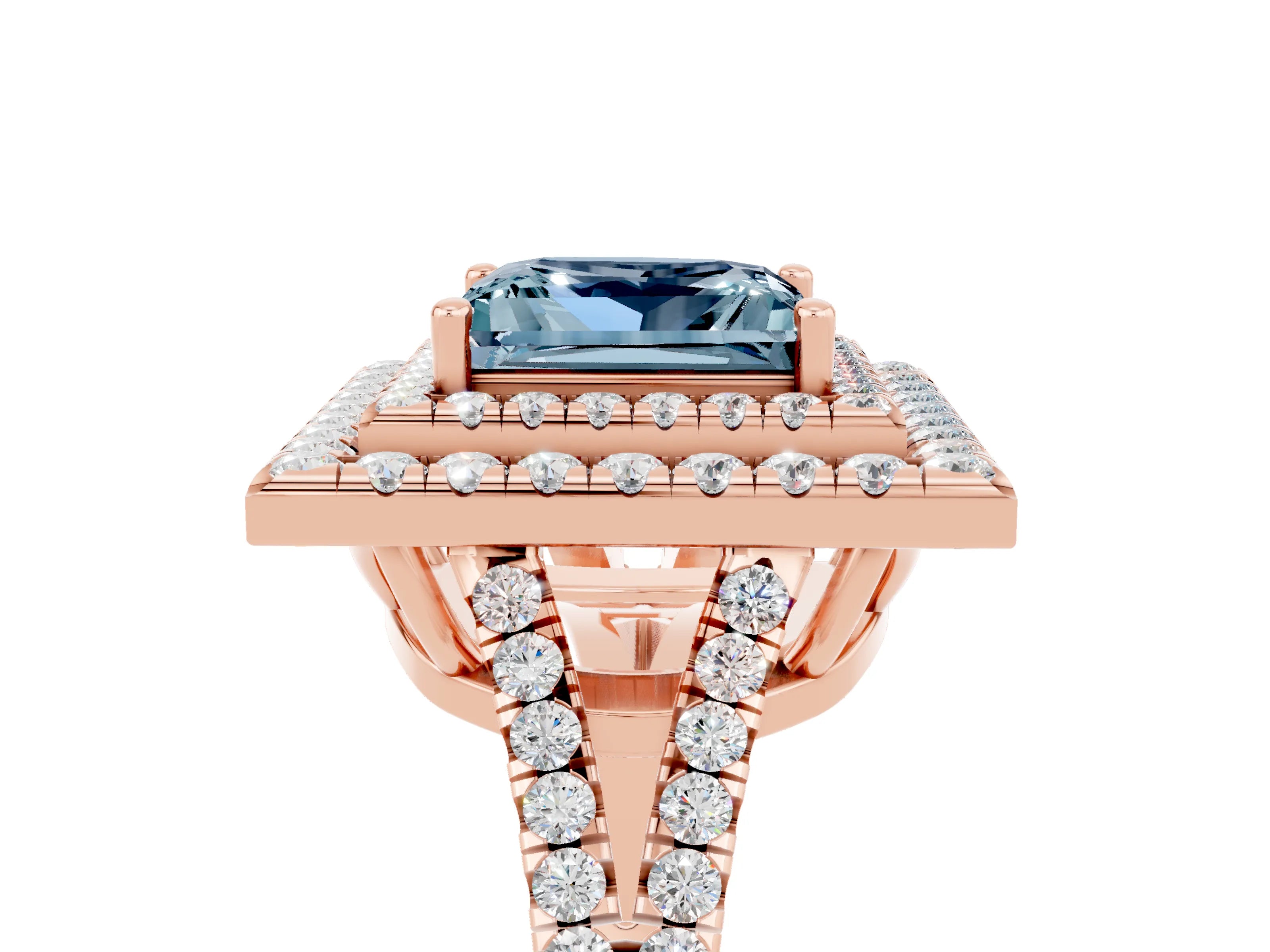 Rose gold Princess Cut Aquamarine Double Halo Ring with Pavé Band and Prong Setting_17