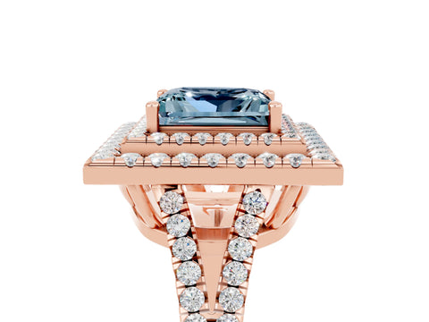 Rose gold Princess Cut Aquamarine Double Halo Ring with Pavé Band and Prong Setting_17