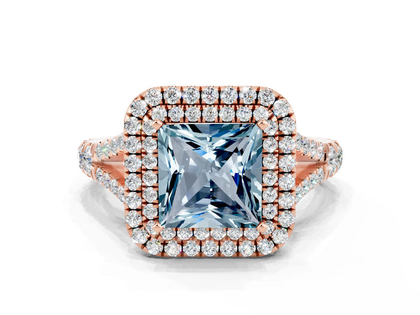 Rose gold Princess Cut Aquamarine Double Halo Ring with Split Shank and Prong Setting