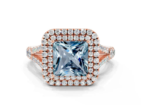 Rose gold Princess Cut Aquamarine Double Halo Ring with Split Shank and Prong Setting_12