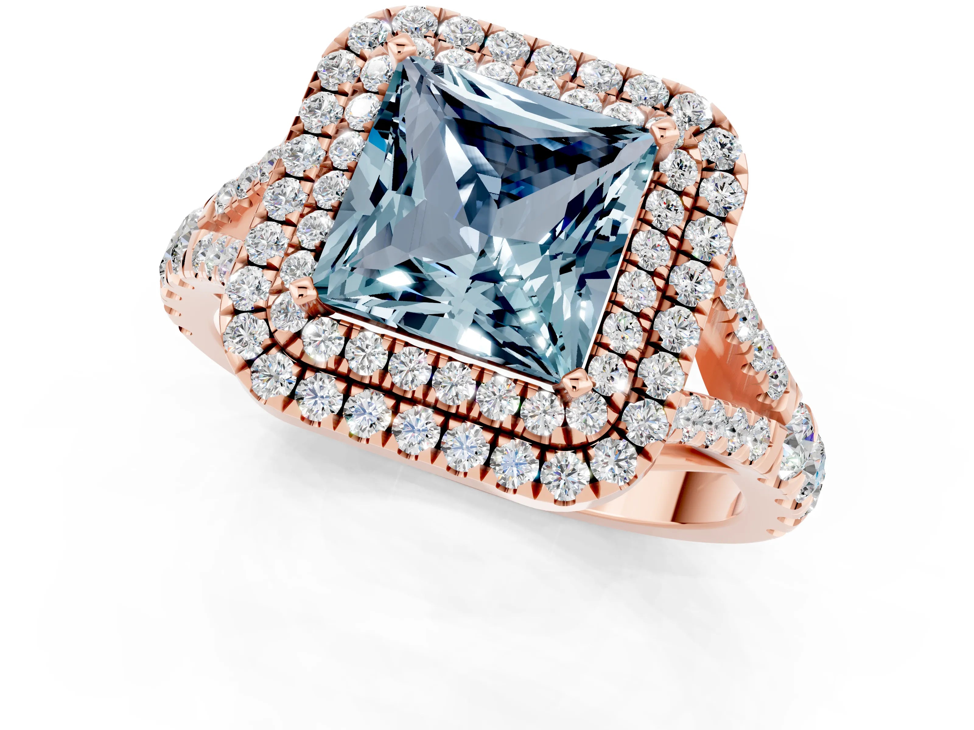 Rose gold Princess Cut Aquamarine Double Halo Ring with Split Shank and Prong Setting_13