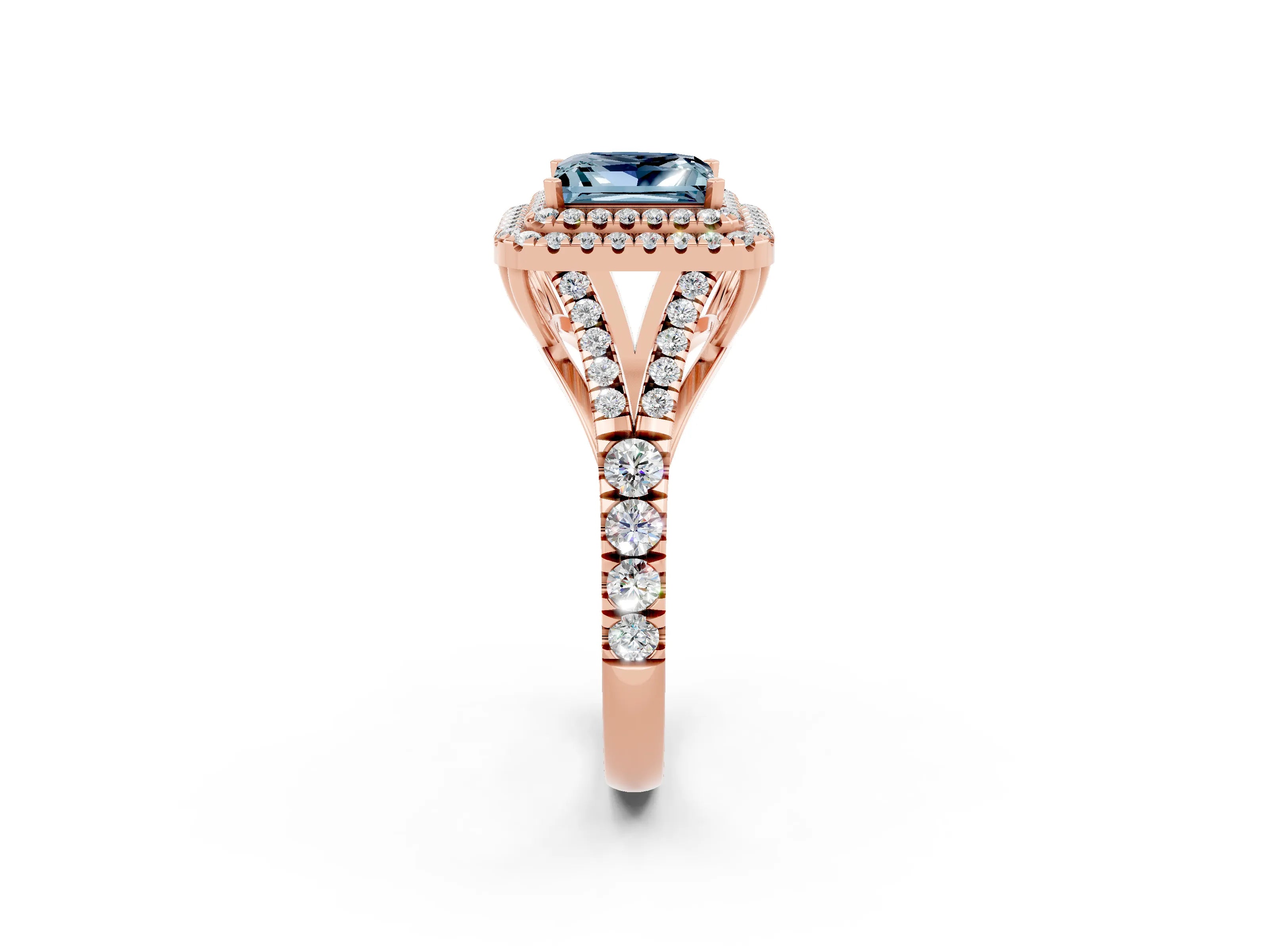 Rose gold Princess Cut Aquamarine Double Halo Ring with Split Shank and Prong Setting_14