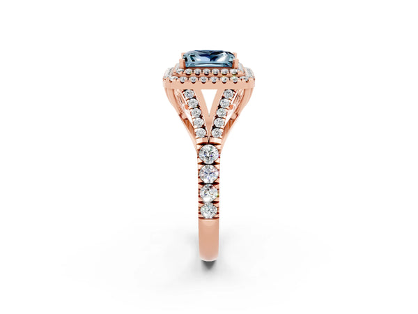 Rose gold Princess Cut Aquamarine Double Halo Ring with Split Shank and Prong Setting