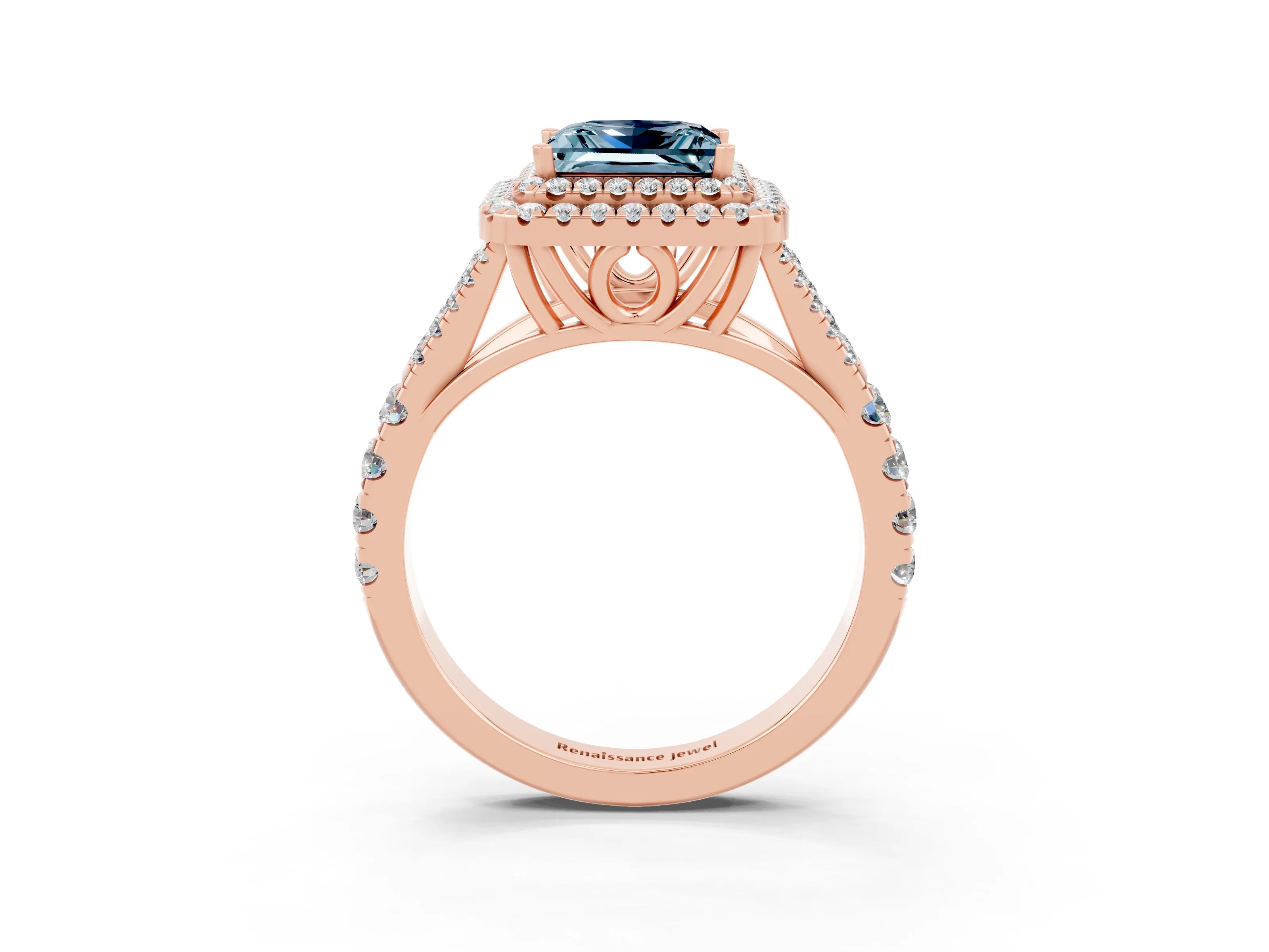 Rose gold Princess Cut Aquamarine Double Halo Ring with Split Shank and Prong Setting_15