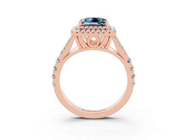Rose gold Princess Cut Aquamarine Double Halo Ring with Split Shank and Prong Setting