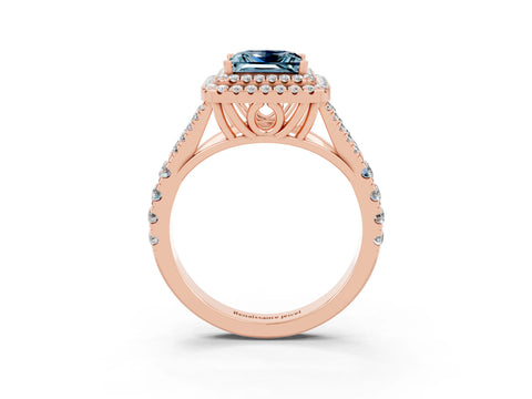 Rose gold Princess Cut Aquamarine Double Halo Ring with Split Shank and Prong Setting_15