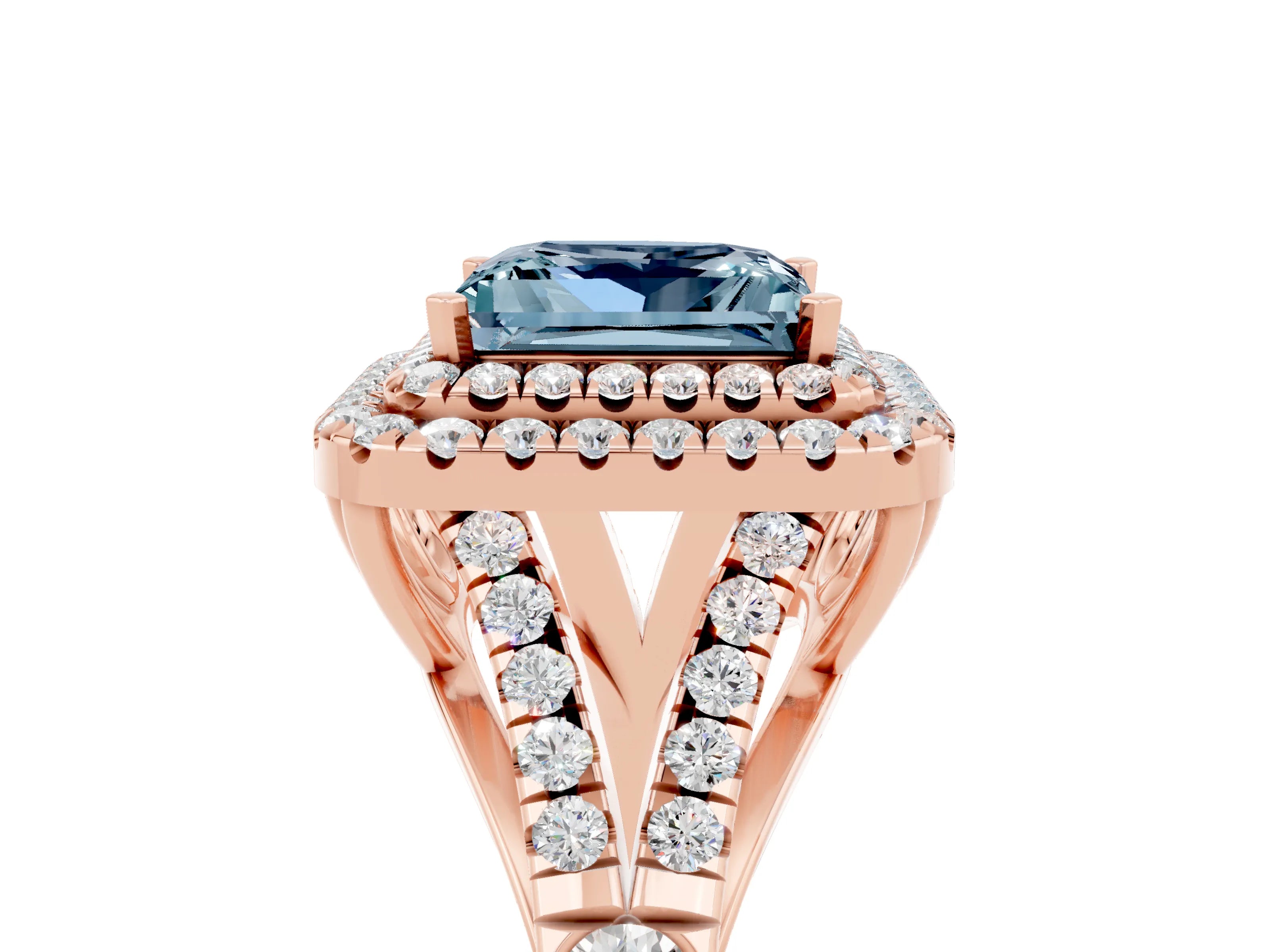 Rose gold Princess Cut Aquamarine Double Halo Ring with Split Shank and Prong Setting_17