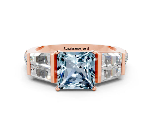 Rose gold Princess Cut Aquamarine Engagement Ring with Baguette Side Stones and Channel Set Band