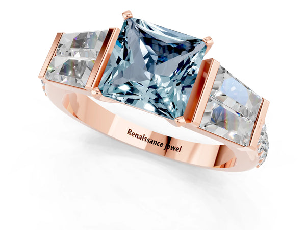 Rose gold Princess Cut Aquamarine Engagement Ring with Baguette Side Stones and Channel Set Band