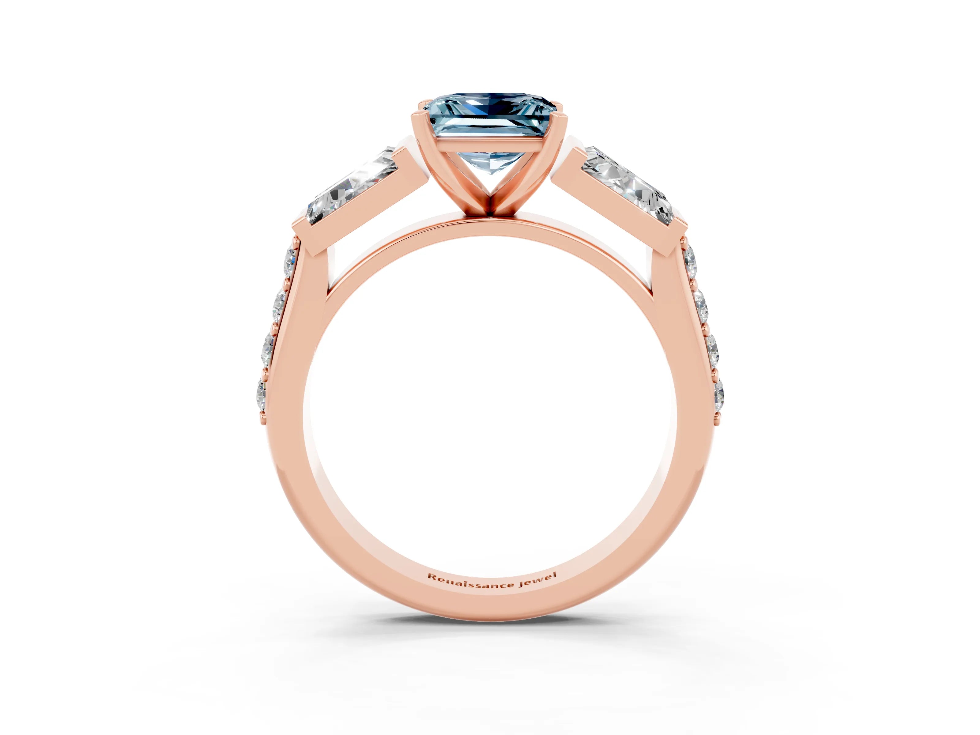 Rose gold Princess Cut Aquamarine Engagement Ring with Baguette Side Stones and Channel Set Band_3
