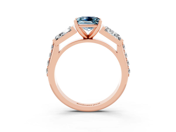Rose gold Princess Cut Aquamarine Engagement Ring with Baguette Side Stones and Channel Set Band