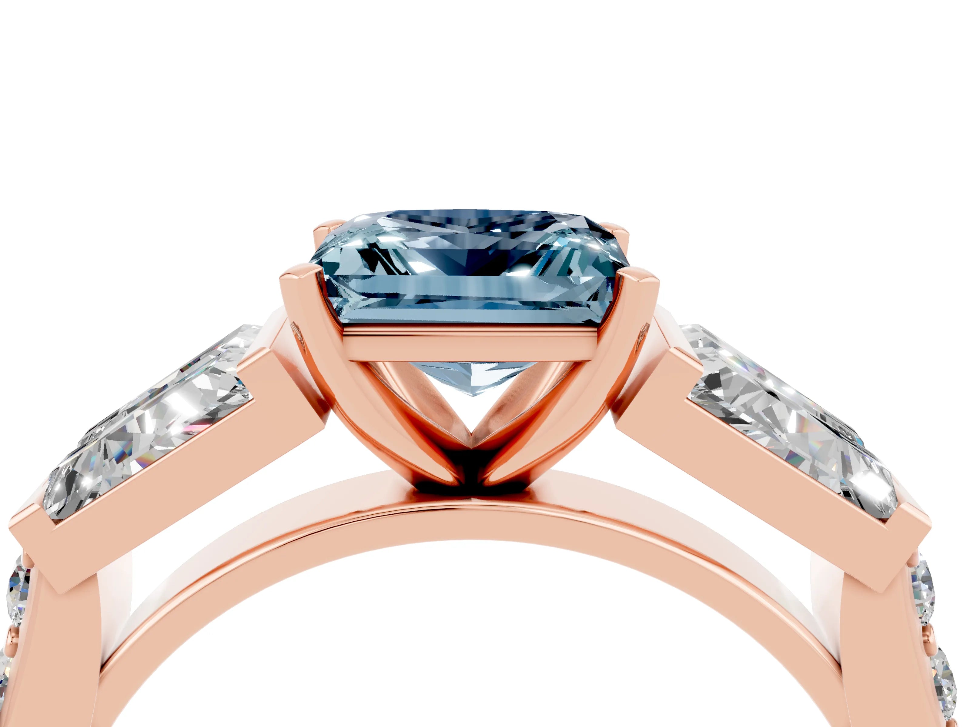 Rose gold Princess Cut Aquamarine Engagement Ring with Baguette Side Stones and Channel Set Band_4