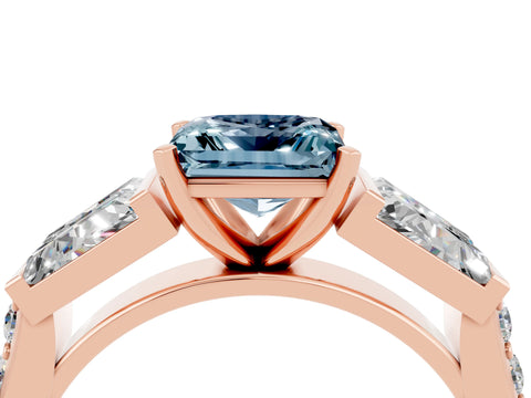 Rose gold Princess Cut Aquamarine Engagement Ring with Baguette Side Stones and Channel Set Band_4