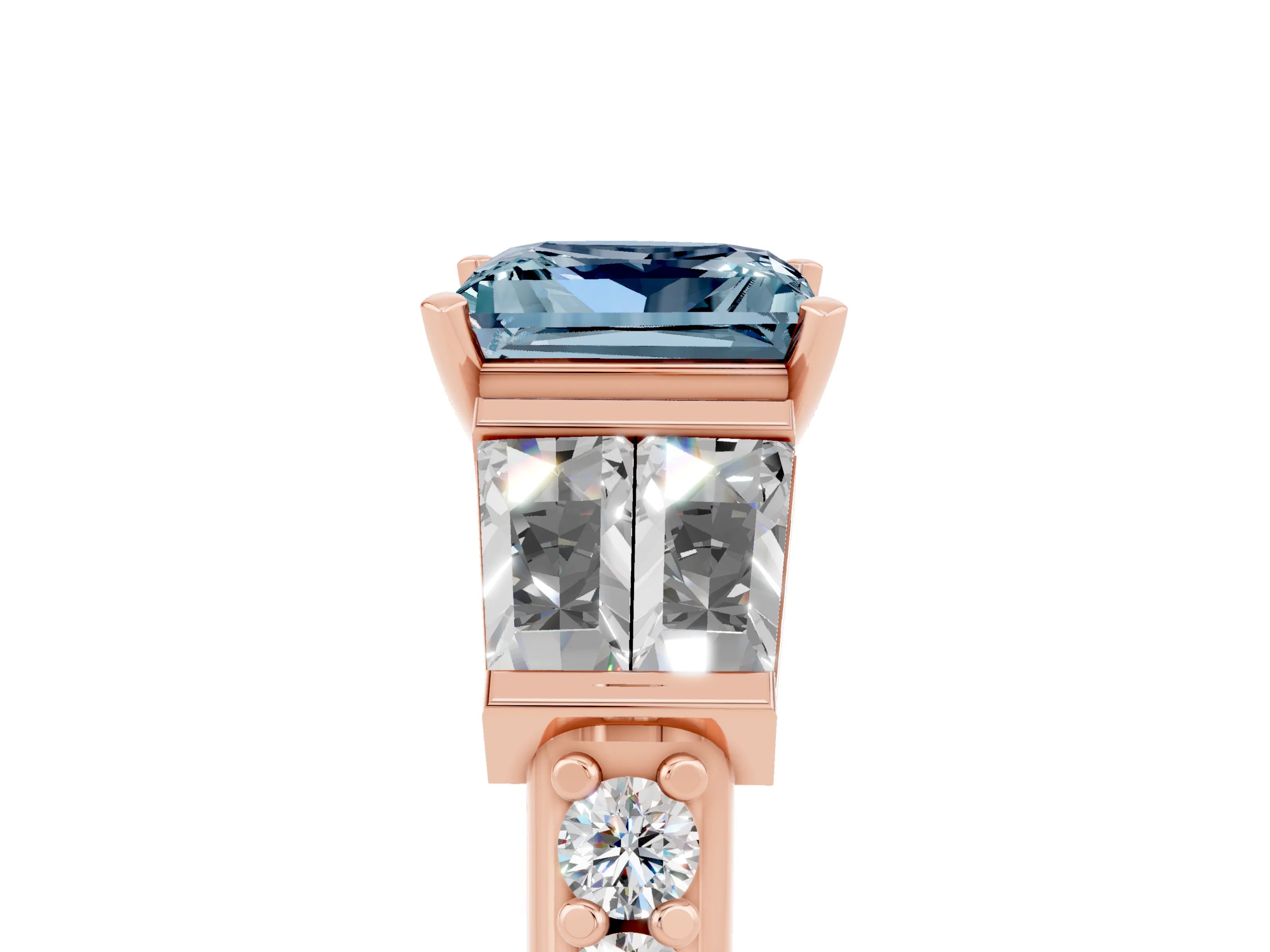 Rose gold Princess Cut Aquamarine Engagement Ring with Baguette Side Stones and Channel Set Band_5
