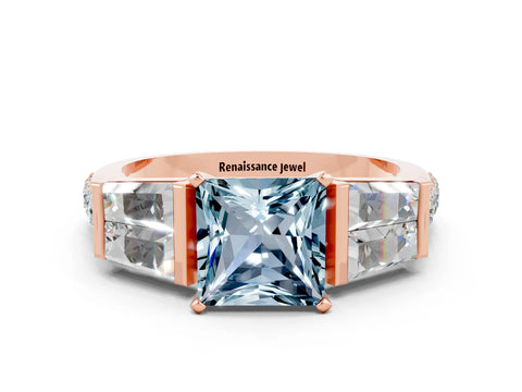 Rose gold Princess Cut Aquamarine Engagement Ring with Baguette Side Stones and Channel Set Band