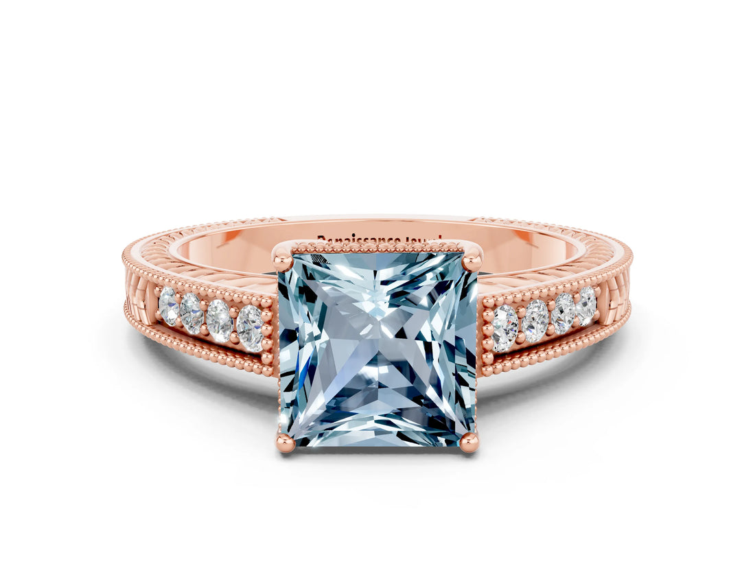 Rose gold Princess Cut Aquamarine Engagement Ring with Milgrain Channel Set Band and Prong Setting