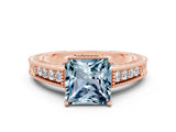 Rose gold Princess Cut Aquamarine Engagement Ring with Milgrain Channel Set Band and Prong Setting