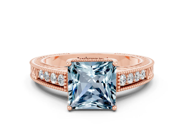 Rose gold Princess Cut Aquamarine Engagement Ring with Milgrain Channel Set Band and Prong Setting