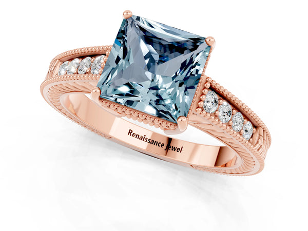 Rose gold Princess Cut Aquamarine Engagement Ring with Milgrain Channel Set Band and Prong Setting