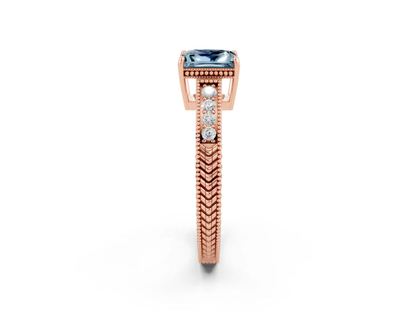 Rose gold Princess Cut Aquamarine Engagement Ring with Milgrain Channel Set Band and Prong Setting