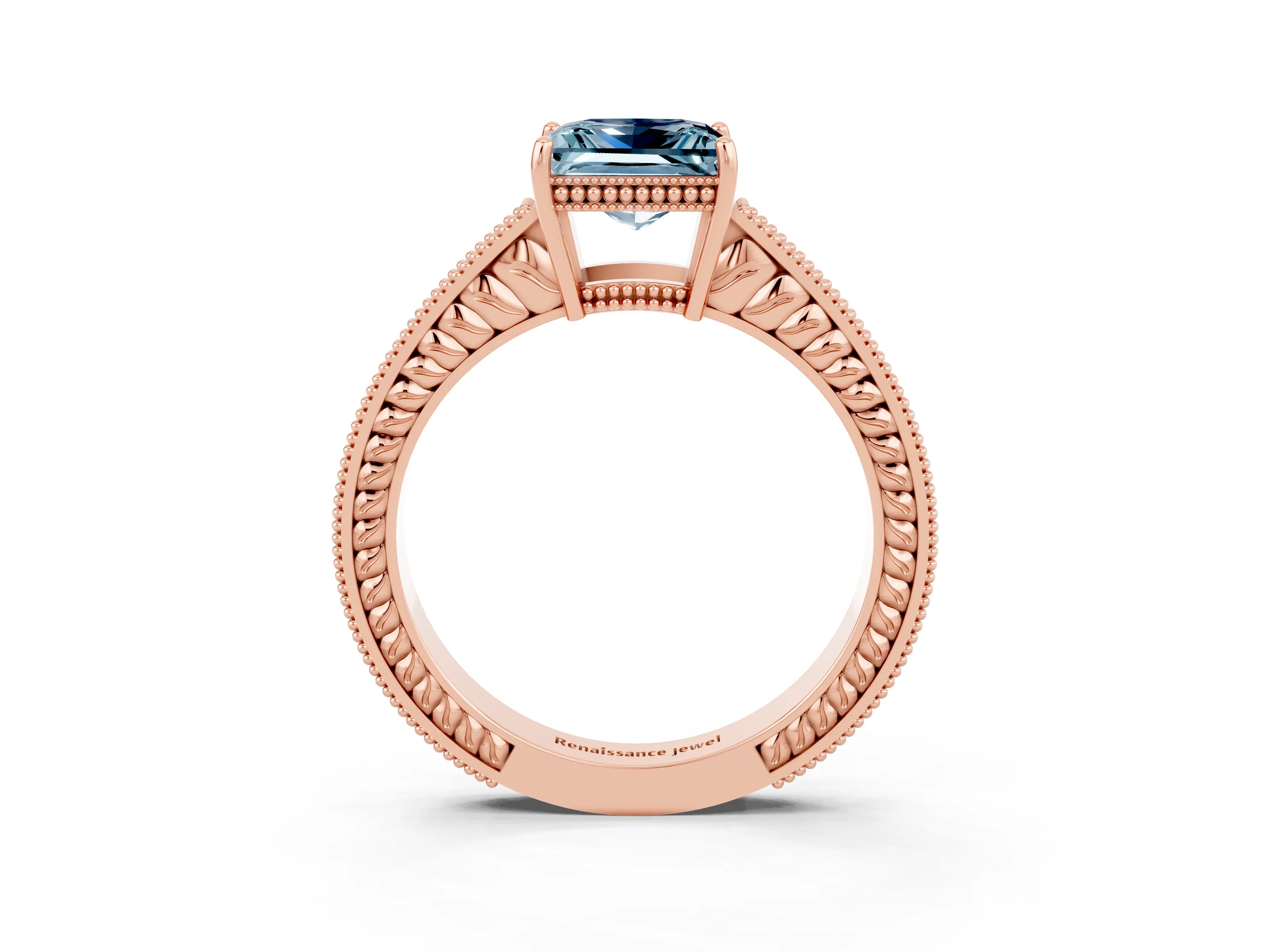 Rose gold Princess Cut Aquamarine Engagement Ring with Milgrain Channel Set Band and Prong Setting_3