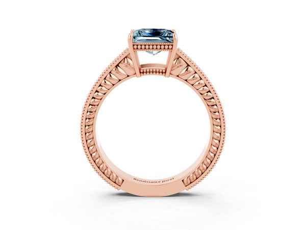 Rose gold Princess Cut Aquamarine Engagement Ring with Milgrain Channel Set Band and Prong Setting