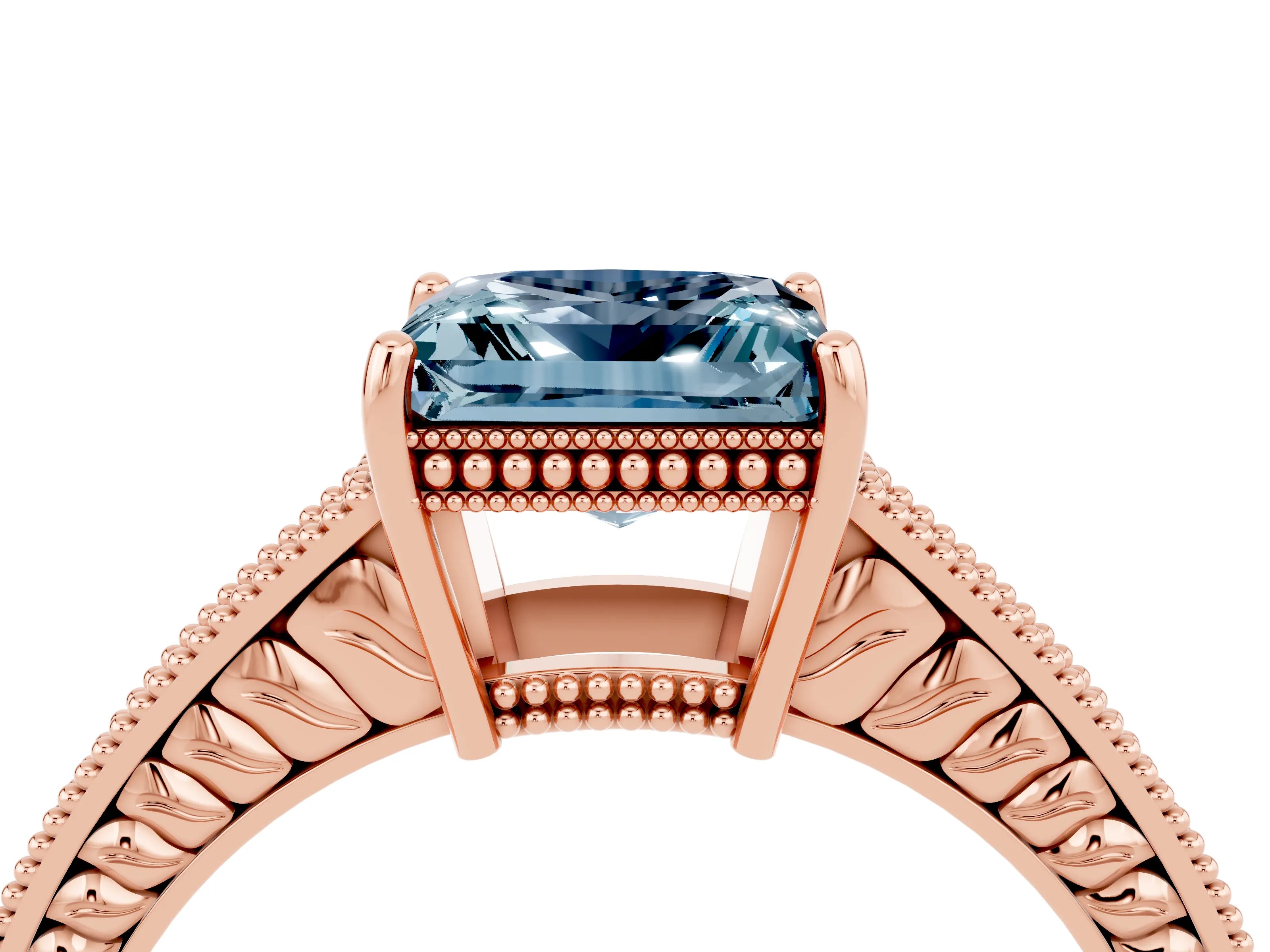 Rose gold Princess Cut Aquamarine Engagement Ring with Milgrain Channel Set Band and Prong Setting_4