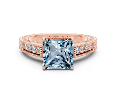 Rose gold Princess Cut Aquamarine Engagement Ring with Milgrain Channel Set Band and Prong Setting