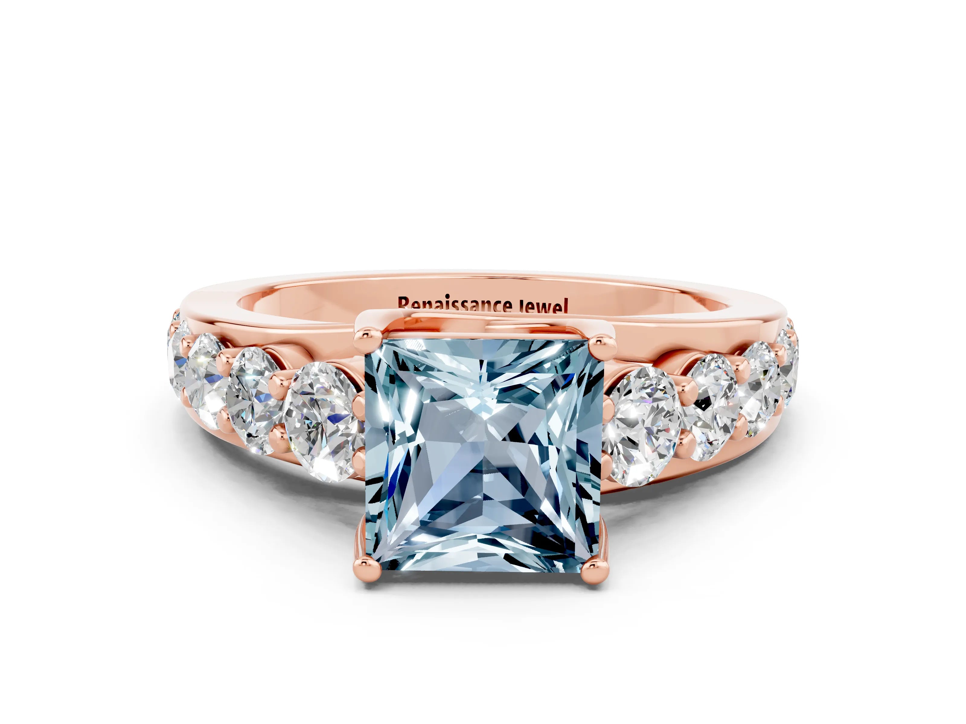 Rose gold Princess Cut Aquamarine Engagement Ring with Pavé Band and Four-Prong Setting