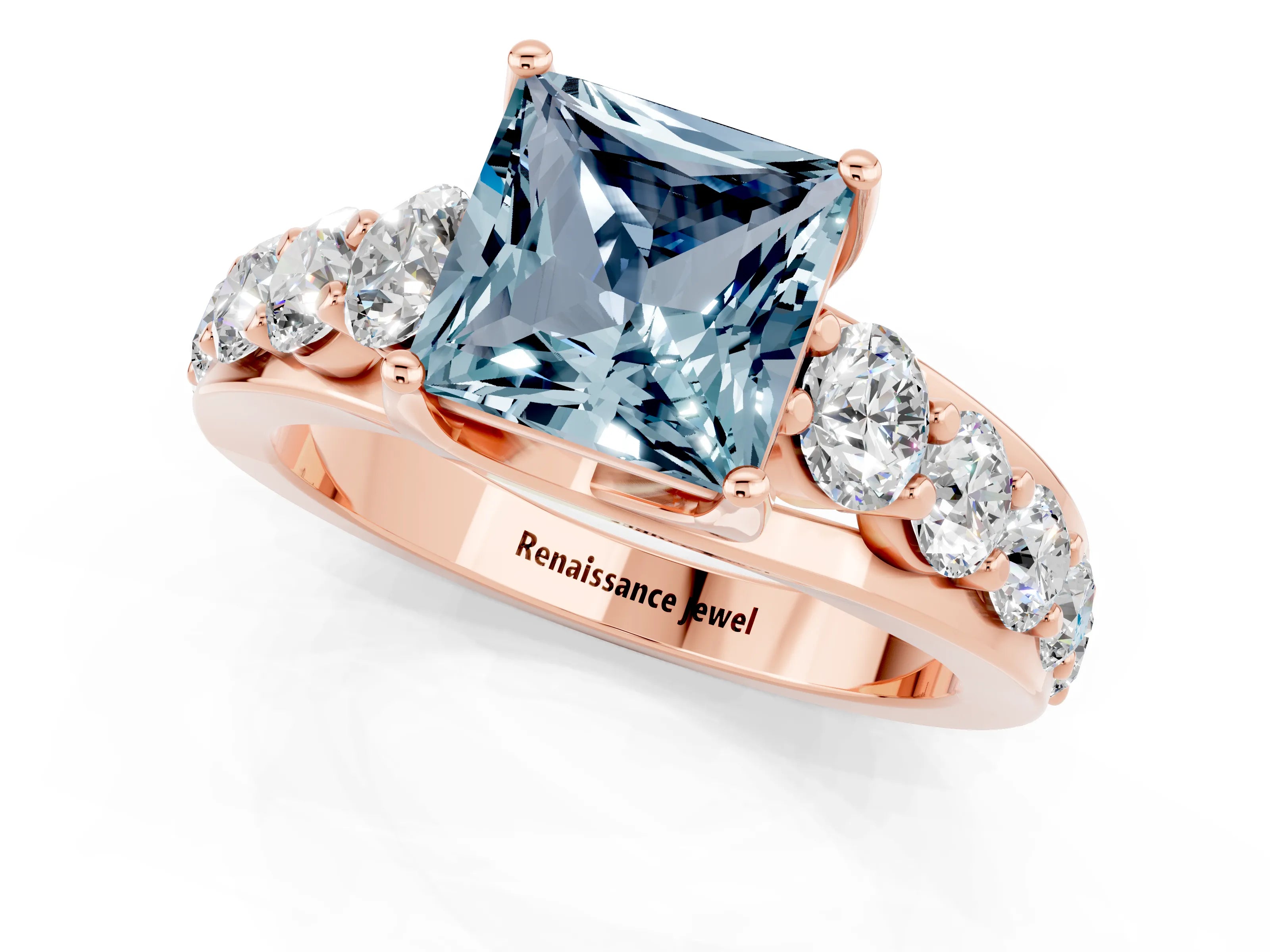 Rose gold Princess Cut Aquamarine Engagement Ring with Pavé Band and Four-Prong Setting_1