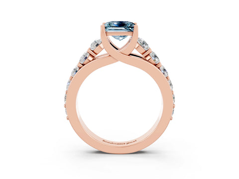 Rose gold Princess Cut Aquamarine Engagement Ring with Pavé Band and Four-Prong Setting_3