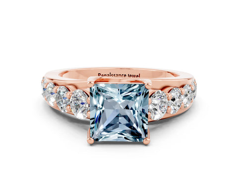 Rose gold Princess Cut Aquamarine Engagement Ring with Pavé Band and Four-Prong Setting
