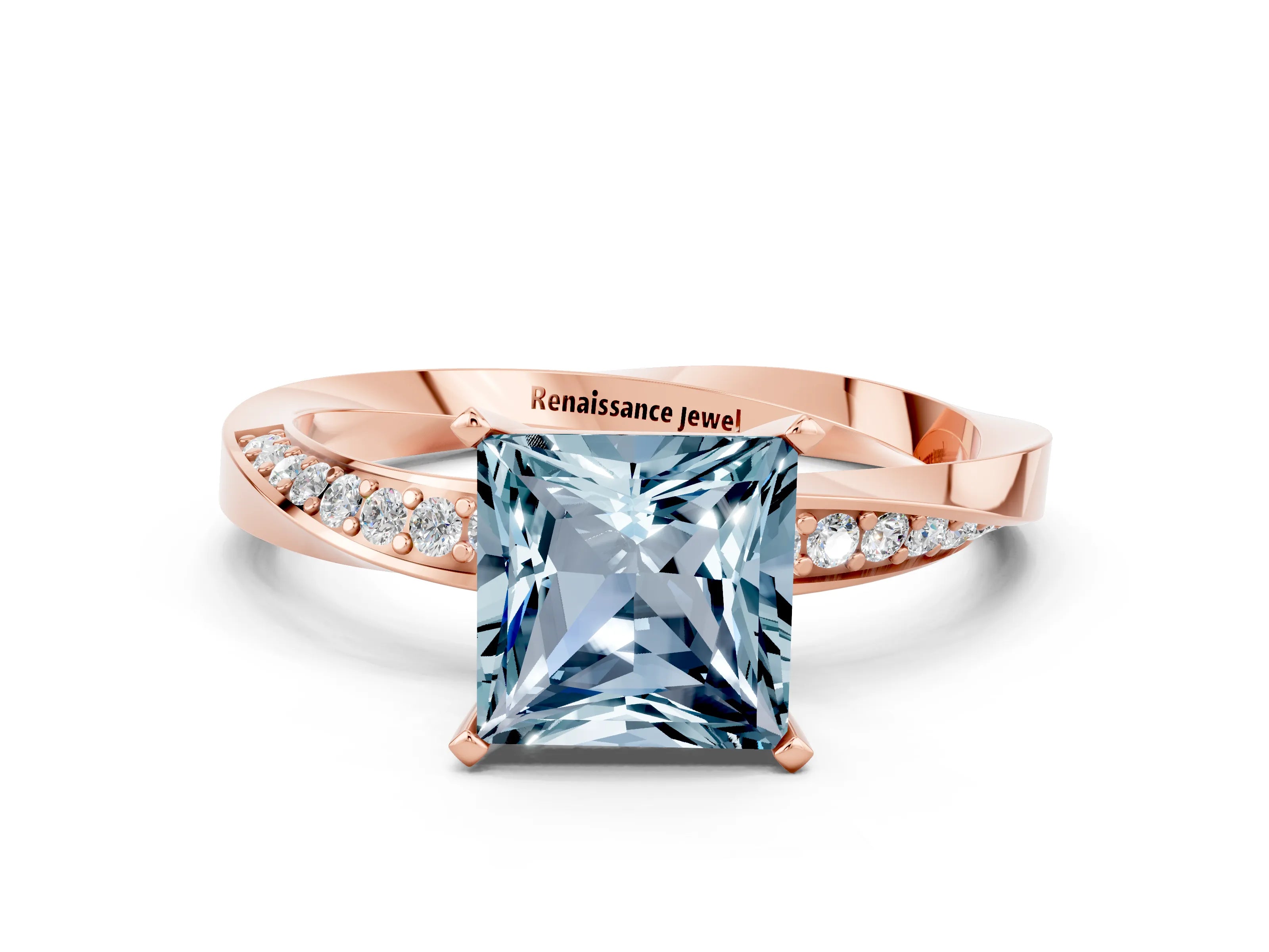 Rose gold Princess Cut Aquamarine Engagement Ring with Side Stone Accents and Four-Prong Setting_39