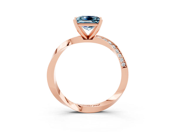 Rose gold Princess Cut Aquamarine Engagement Ring with Side Stone Accents and Four-Prong Setting