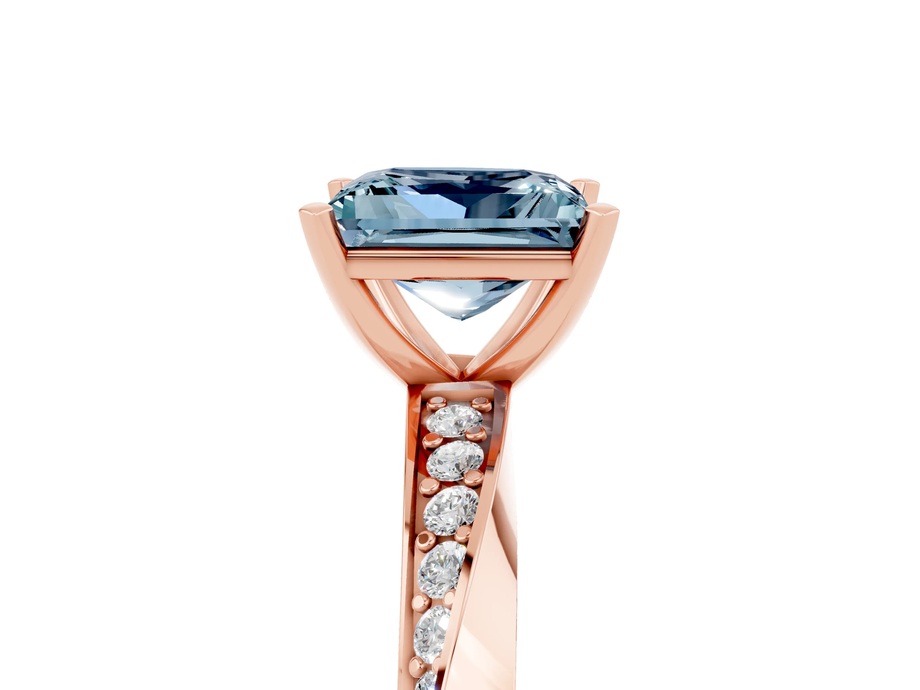 Rose gold Princess Cut Aquamarine Engagement Ring with Side Stone Accents and Four-Prong Setting_44
