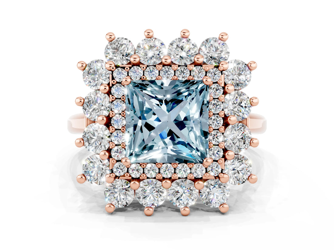 Rose gold Princess Cut Aquamarine Floral Double Halo Engagement Ring with Prong Setting_60
