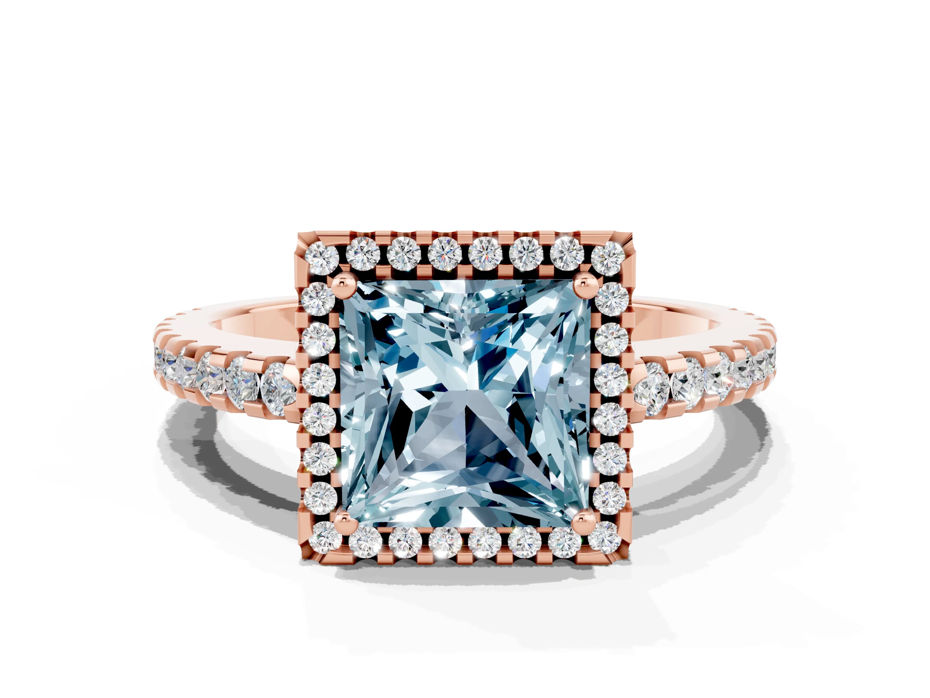 Rose gold Princess Cut Aquamarine Halo Engagement Ring with Pavé Band and Prong Setting_2