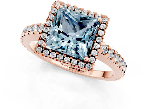 Rose gold Princess Cut Aquamarine Halo Engagement Ring with Pavé Band and Prong Setting_3