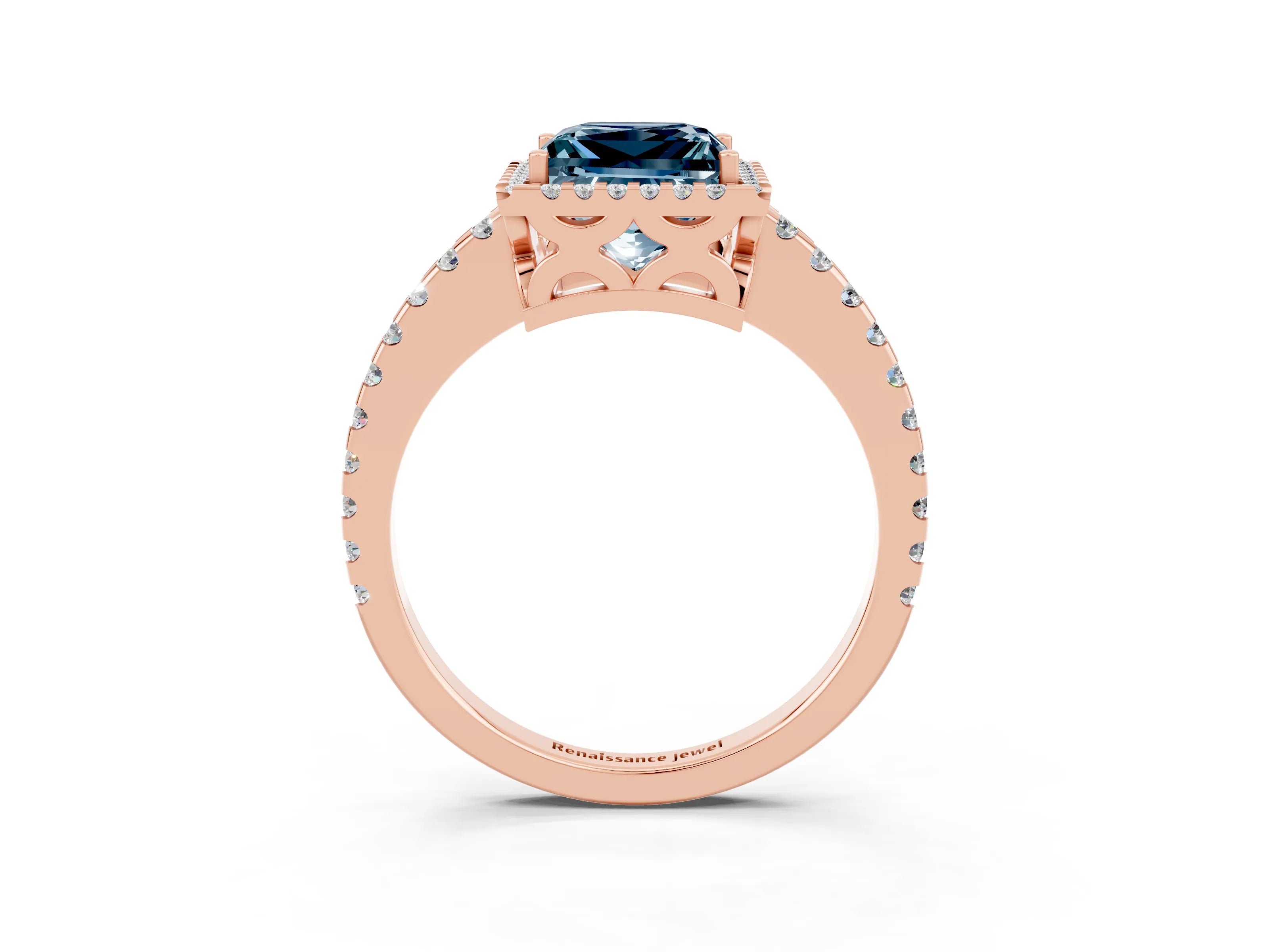 Rose gold Princess Cut Aquamarine Halo Engagement Ring with Pavé Band and Prong Setting_5