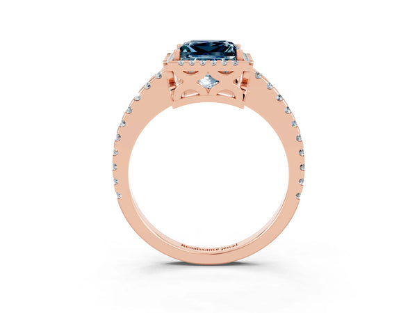 Rose gold Princess Cut Aquamarine Halo Engagement Ring with Pavé Band and Prong Setting