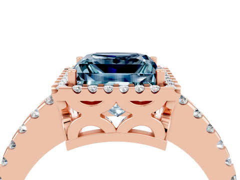 Rose gold Princess Cut Aquamarine Halo Engagement Ring with Pavé Band and Prong Setting_6