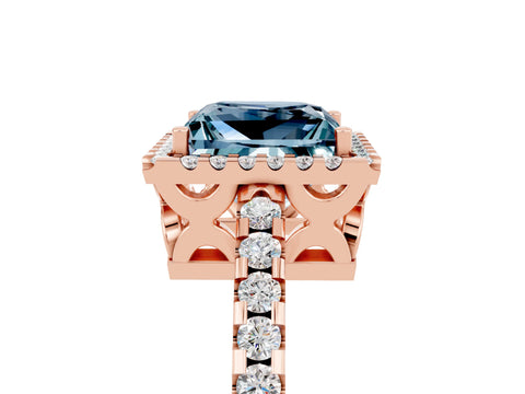 Rose gold Princess Cut Aquamarine Halo Engagement Ring with Pavé Band and Prong Setting_7