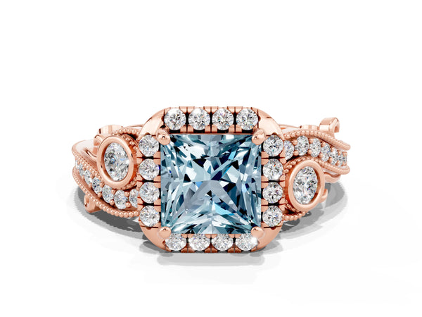 Rose gold Princess Cut Aquamarine Halo Ring with Milgrain Pavé Band and Four-Prong Setting