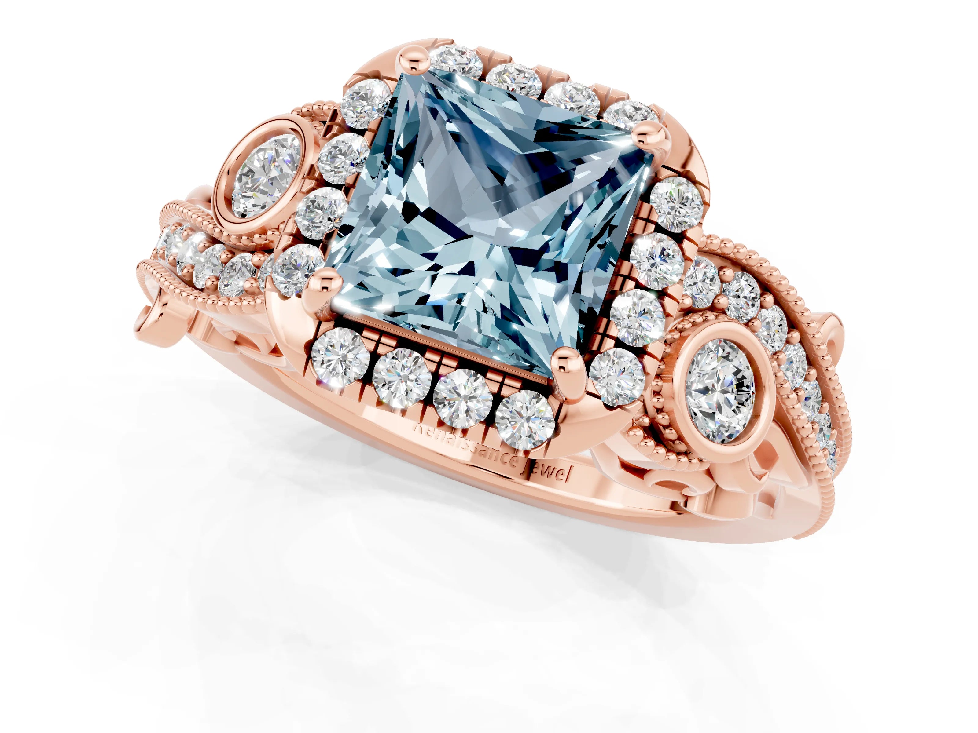 Rose gold Princess Cut Aquamarine Halo Ring with Milgrain Pavé Band and Four-Prong Setting_37