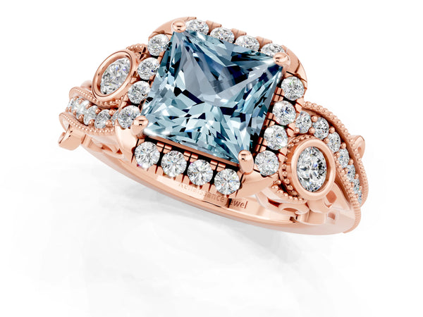 Rose gold Princess Cut Aquamarine Halo Ring with Milgrain Pavé Band and Four-Prong Setting