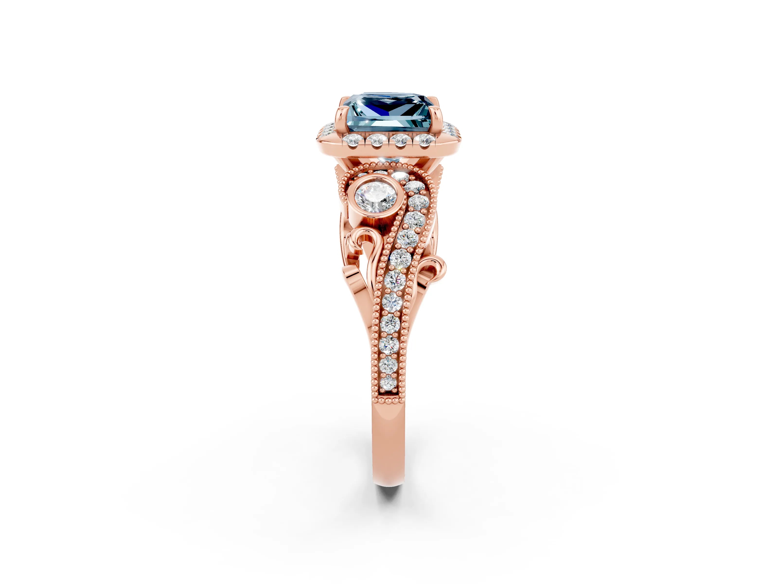 Rose gold Princess Cut Aquamarine Halo Ring with Milgrain Pavé Band and Four-Prong Setting_38